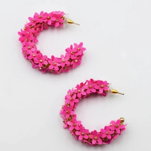 Floral Pink Hoop Earrings - Picture 1 of 1